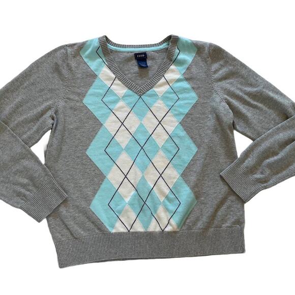 IZOD Cotton Argyle Long Sleeve V-Neck Sweater, Pastel Blue, Gray, Y2K, Preppy XL - Picture 1 of 8